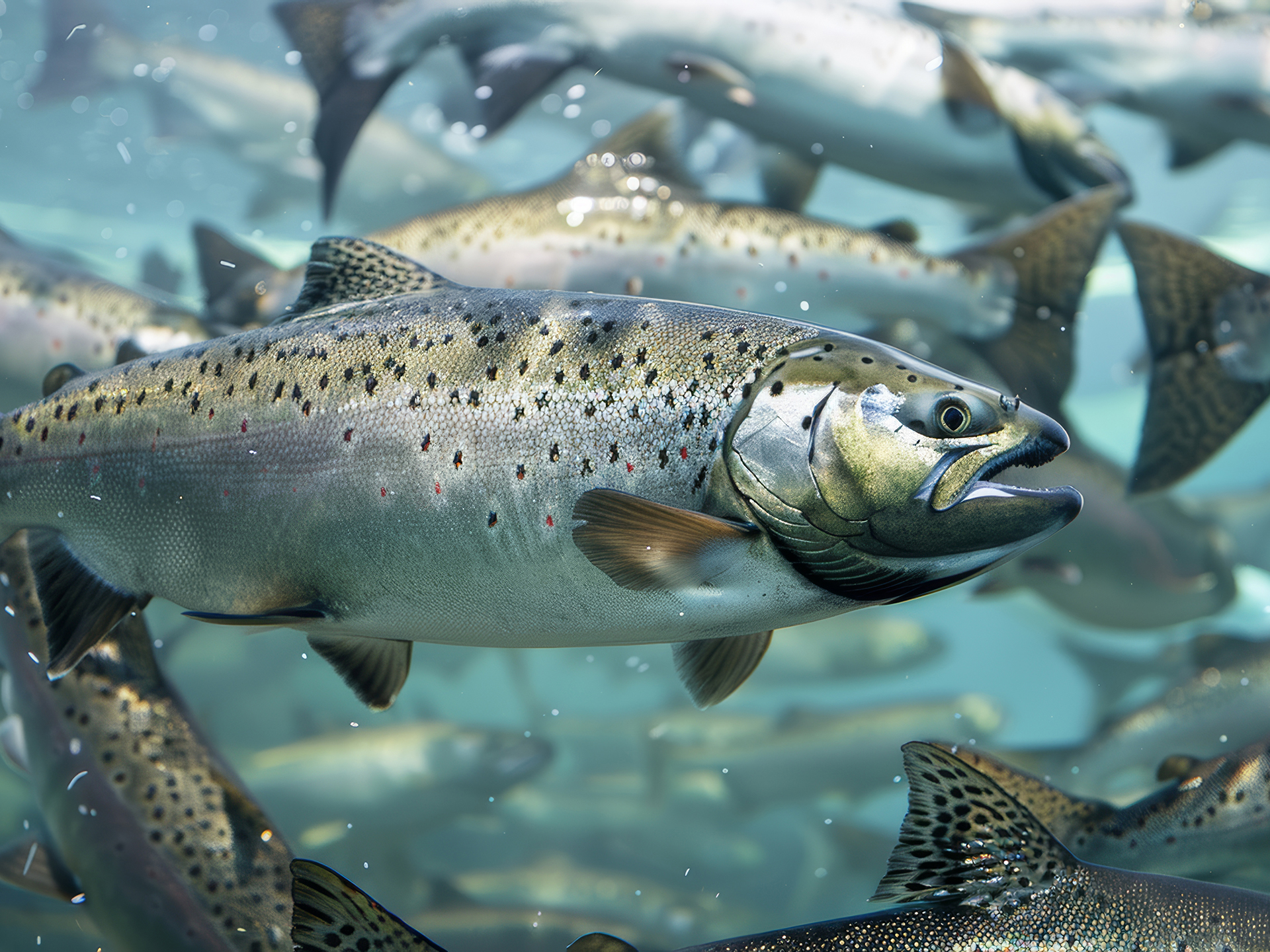 Many fish swim underwater. The fish are grey, with black speckles and a white underbelly.