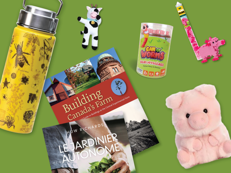 A collage of items on a green background, including a bee-themed water bottle, a small cow plush, a pink pig plush, a can of worm-shaped gummies, a book titled Building Canada’s Farm, and another titled Le Jardinier autonome.