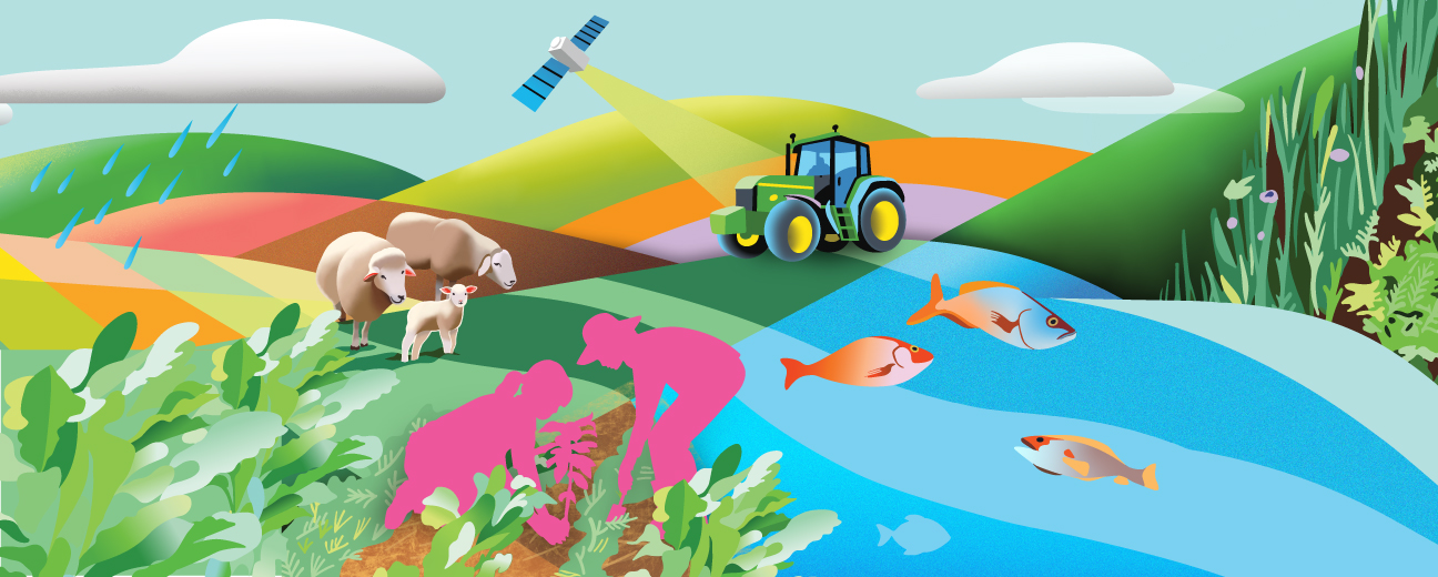 A vibrant animated image featuring sheep, a tractor, sea, fish, raining clouds, and silhouettes of people cultivating a garden.