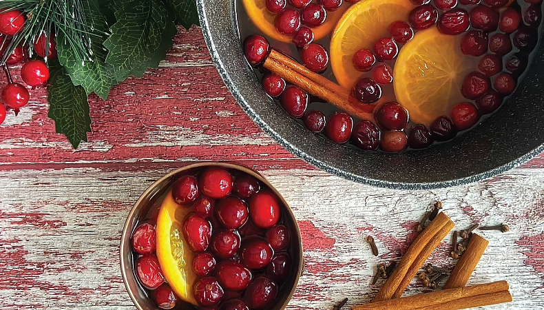 Une vue aérienne montre un contenant de métal et une tasse remplie de cidre. Des canneberges rouges et des tranches d’orange flottent sur le dessus. On peut voir des bâtons de cannelle et du houx près du cidre sur un dessus de table en bois.