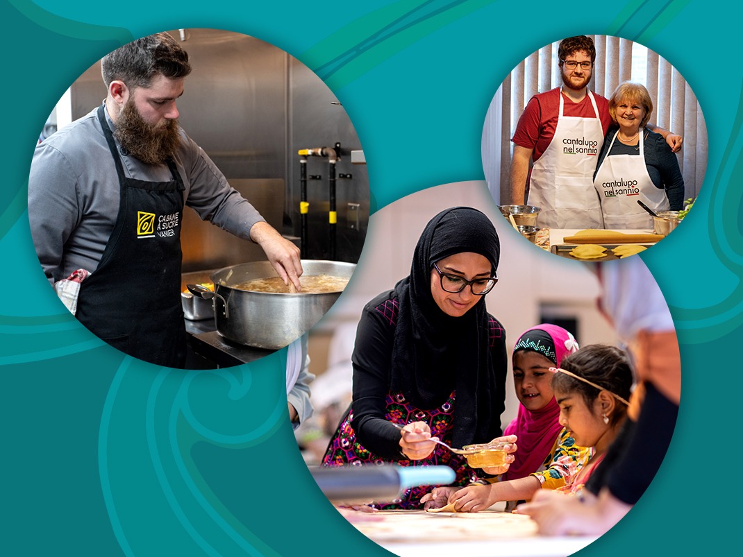 composite image made up of three photos of people in their kitchens either cooking food or smiling for the camera.