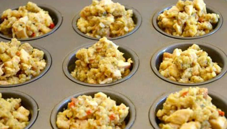 Leftover stuffing and turkey in a muffin tin