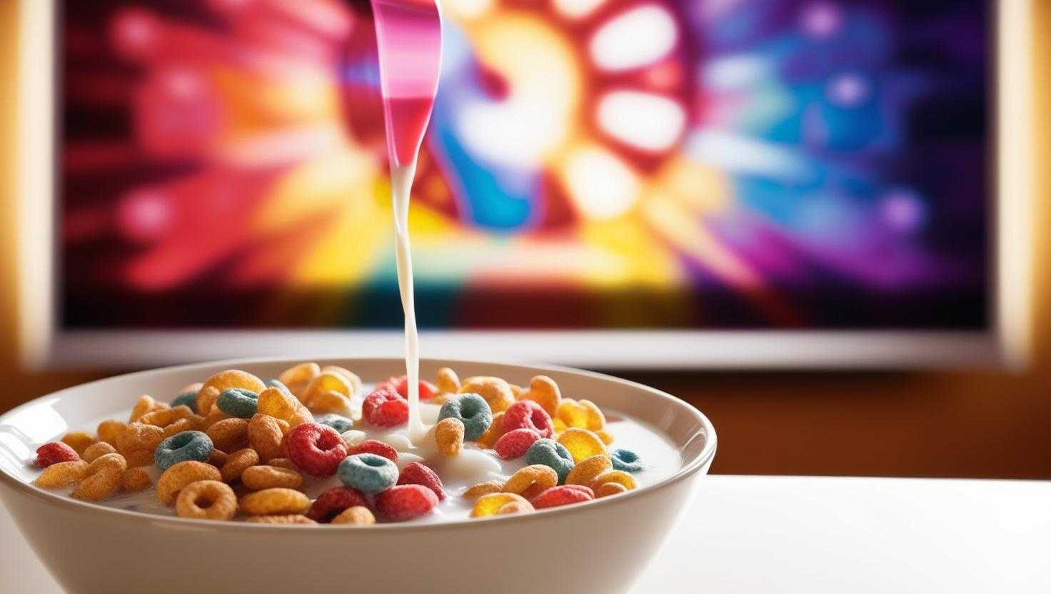 bowl of cereal in foreground and movie screen in background