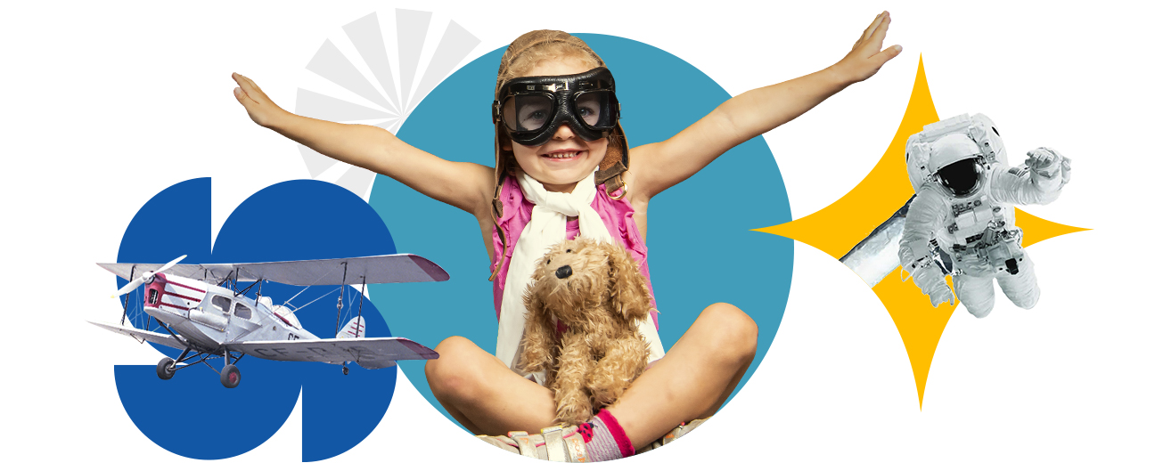 A small child in aviator apparel sits cross-legged in the middle of this colourful collage. She has her arms outstretched as if flying, and a stuffed animal on her lap. On her left there is a dark blue propellor shape with a historic aircraft. On the right there is a yellow star shape with an astronaut.