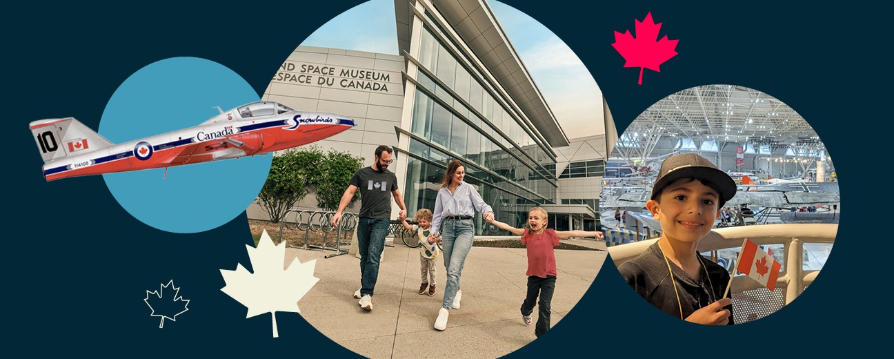 Des sélections d'images comprenant une famille de quatre personnes quittant le musée, un enfant dans le musée agitant un drapeau du Canada et un avion Snowbird.