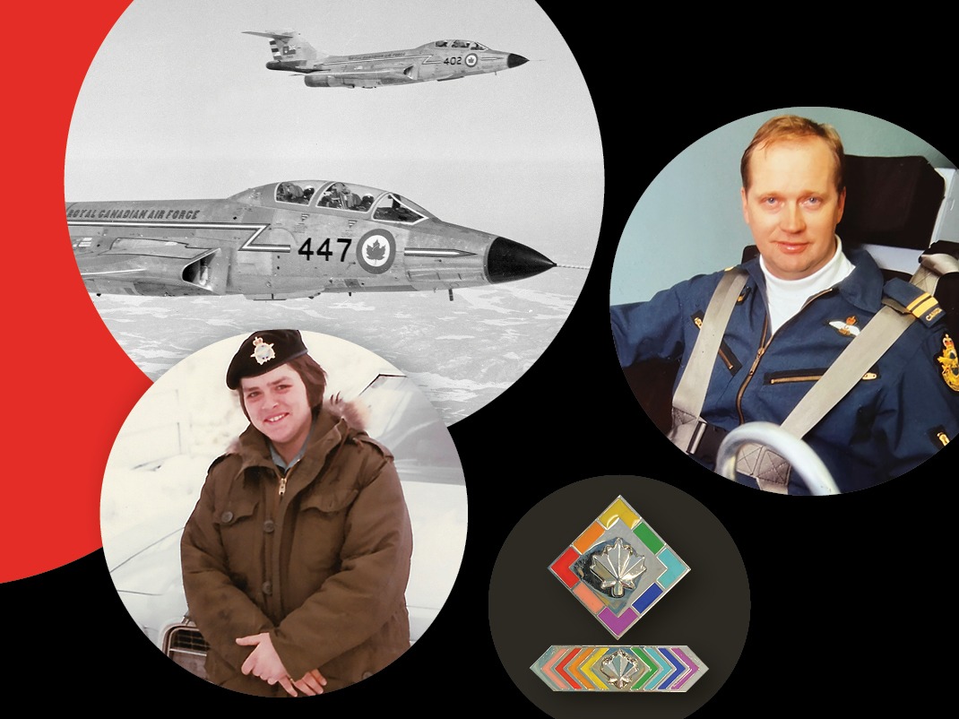 Image de style collage représentant des avions à réaction de l'Aviation royale du Canada en noir et blanc à gauche, avec deux avions anciens marqués « 447 » et « 402 » volant au-dessus d'un paysage enneigé. À droite, trois images circulaires : un gros plan de deux insignes de service militaire aux couleurs de l'arc-en-ciel ; une photo couleur d'un homme en uniforme de l'ARC assis dans un cockpit ; et une photo d'époque d'une femme en uniforme militaire d'hiver, debout à l'extérieur, souriante. L'arrière-plan comprend des éléments graphiques incurvés en noir et rouge.