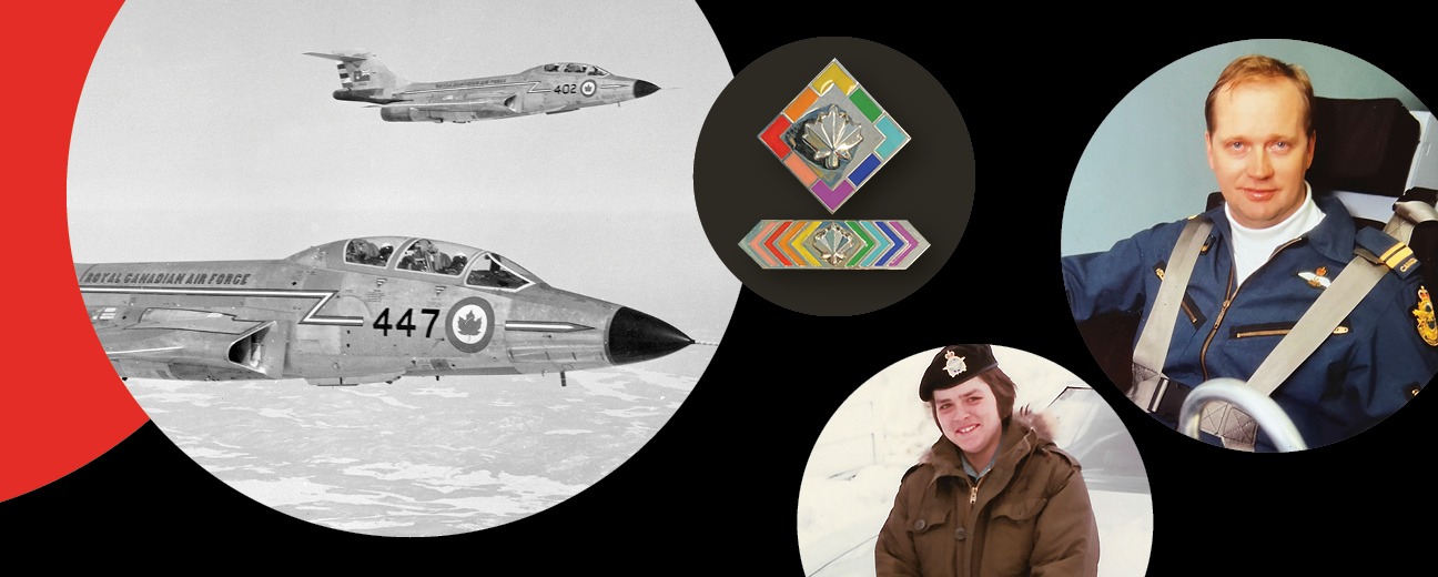 Collage-style image featuring Royal Canadian Air Force jets in black and white on the left, with two vintage aircraft marked 