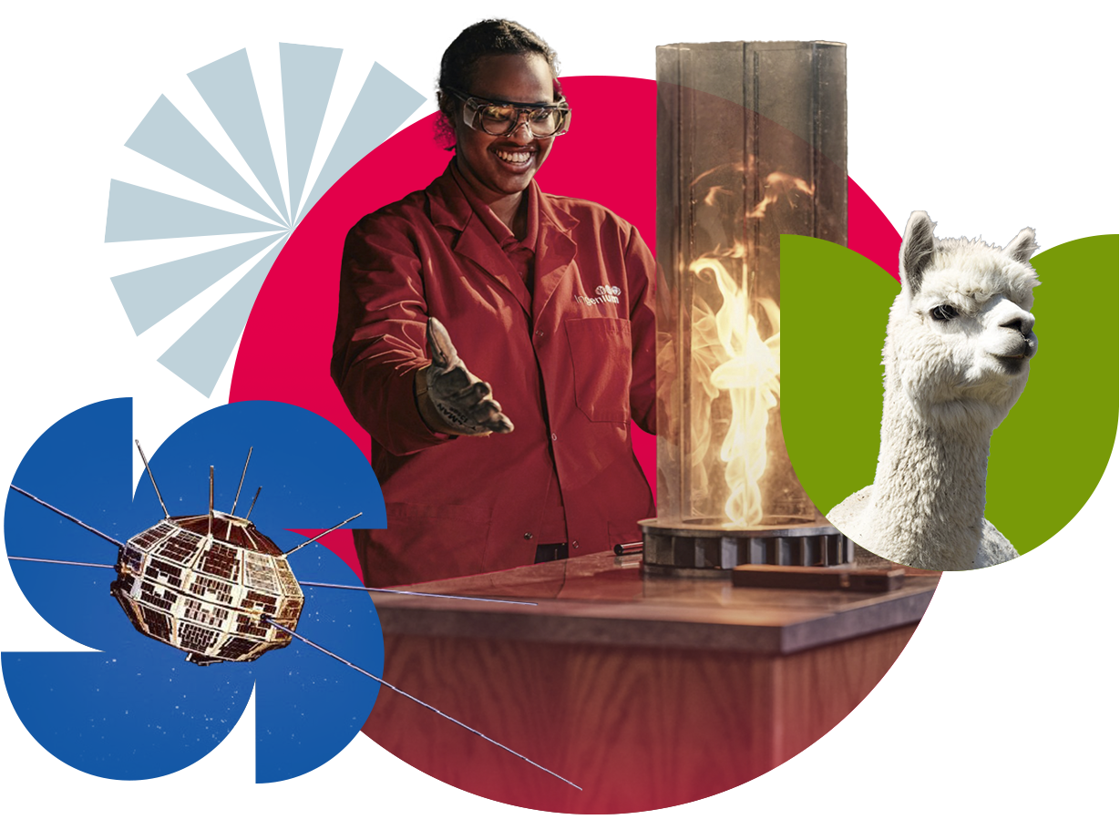 A scientist wearing safety goggles and gloves conducting an experiment with fire, alongside a satellite model, a propeller icon, and an alpaca.