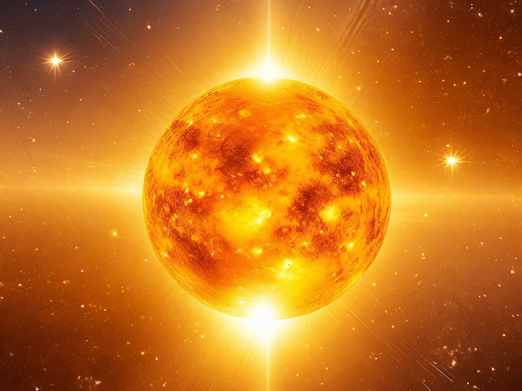 The sun pictured in outer space with stars all around in photographic style