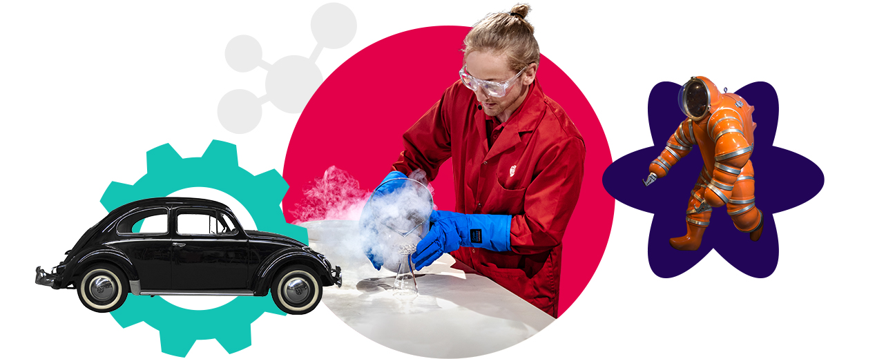 A scientist wearing safety goggles and gloves conducting an experiment with liquid nitrogen, alongside a vintage black car, a gear icon, and an orange space suit.