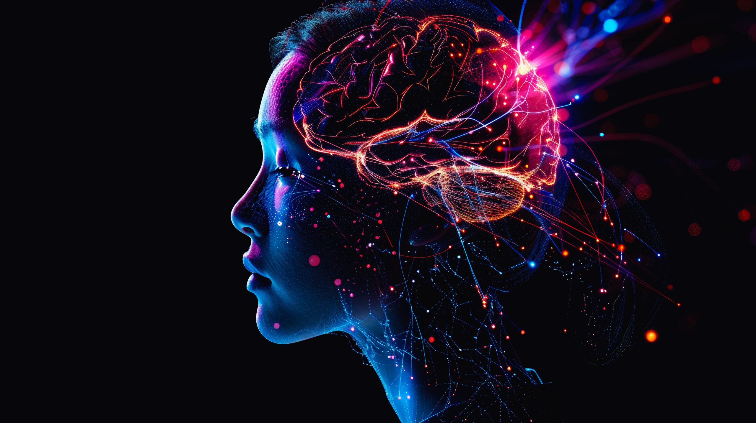 A digital illustration of a woman's profile with a glowing, neon-colored brain overlay. The brain’s intricate lines and nodes radiate energy in red, orange, and pink, while her face is illuminated in blue and purple tones against a deep black background, creating a futuristic, high-tech feel.