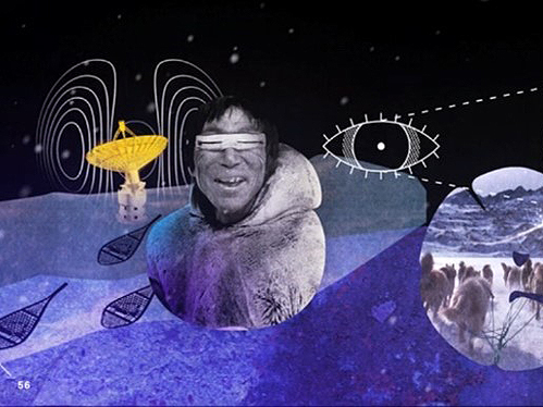 A mosaic of images depicting northern iconography is displayed against a stylised background of purple snow and a starry night. The images displayed include an Inuit person wearing Iggaak snow goggles, an old snowmobile, a satellite, snowshoes, and a dog sled.