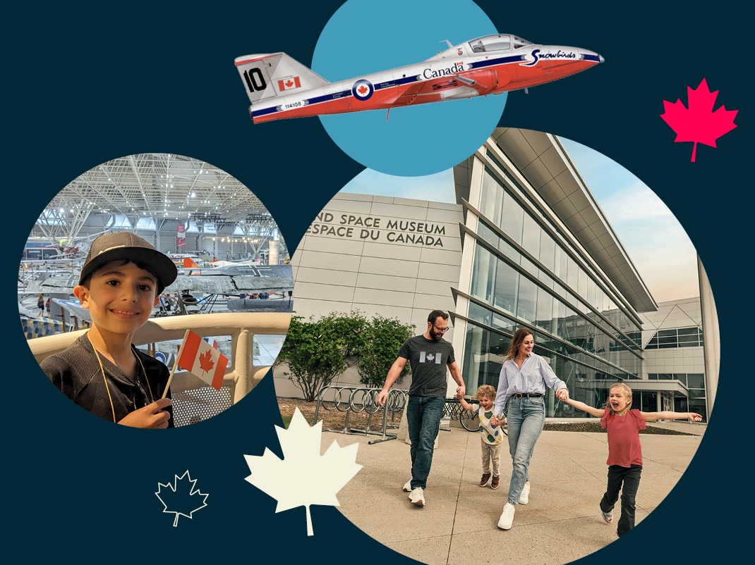 Selections of images which include a family of four leaving the museum, a child in the museum waving a Canada flag and a Snowbird aircraft.