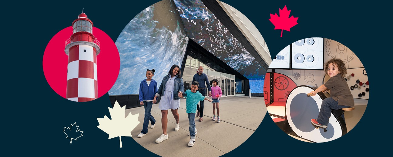 A collage with three circles featuring different scenes. On the right circle, a smiling child interacts with an exhibit indoors. On the left circle there's a red-and-white checkered lighthouse on a red background. In the middle circle there's a family of five walking happily outside the museum’s modern entrance, which displays a large digital wave mural. Red and white maple leaf icons decorate the background.