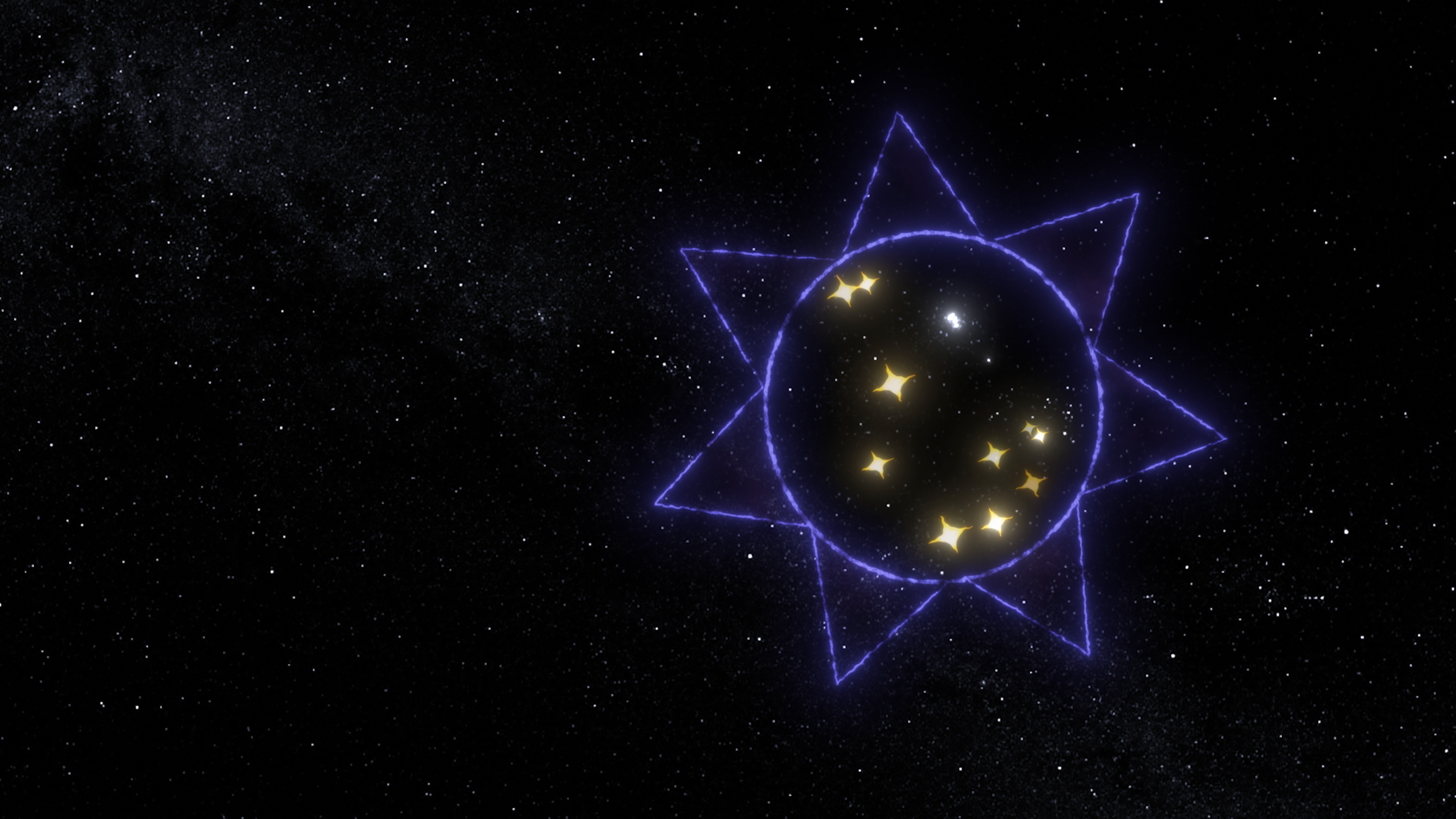 A star filled night sky, in the middle there is a large purple outline of a star and inside there are twinkling gold stars.