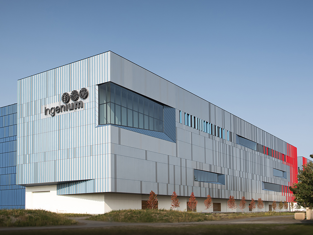 A large rectangular office building with the Ingenium logo.