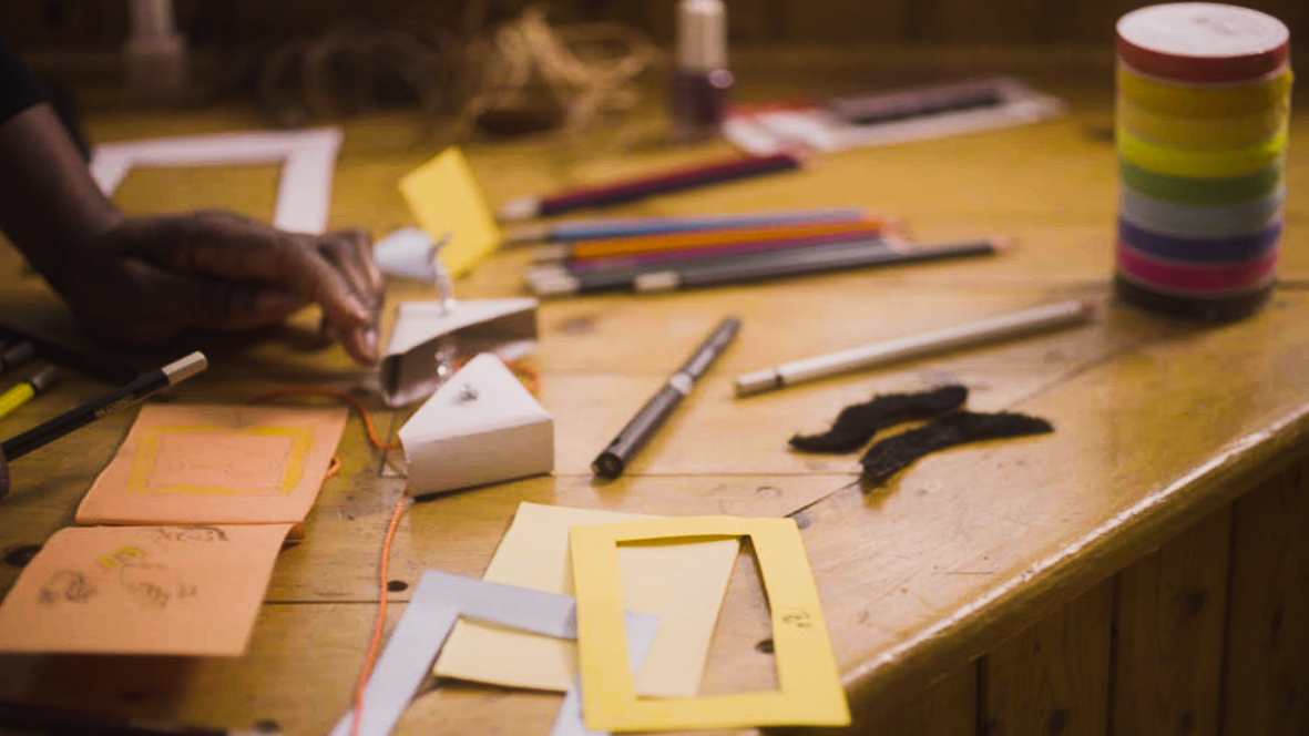 Art supplies on a table.