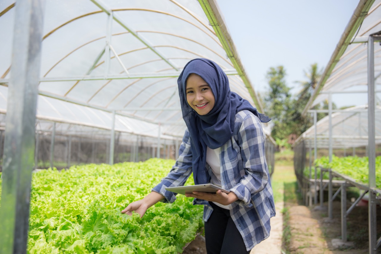 Une jeune femme portant un hijab sourit à côté de plantes vertes dans une serre.