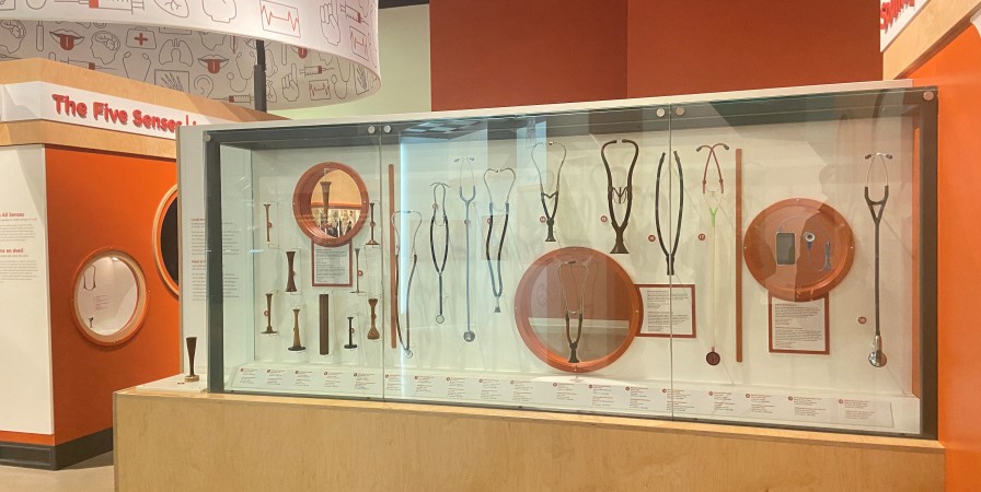 Stethoscopes displayed in the permanent Medical Sensations exhibition at the Canada Science and Technology Museum.