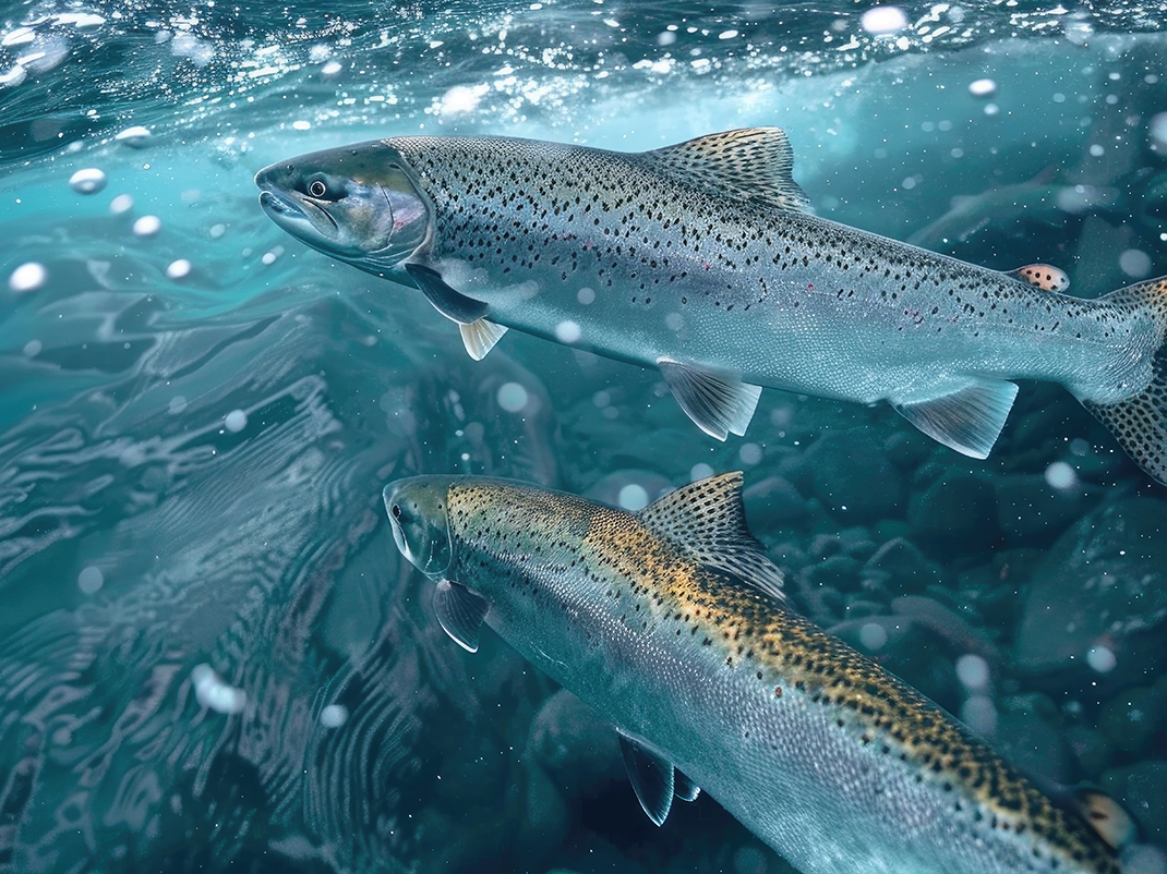 Un saumon nage avec la marque de l'Aquaculture : Farming the Waters à l'arrière-plan.