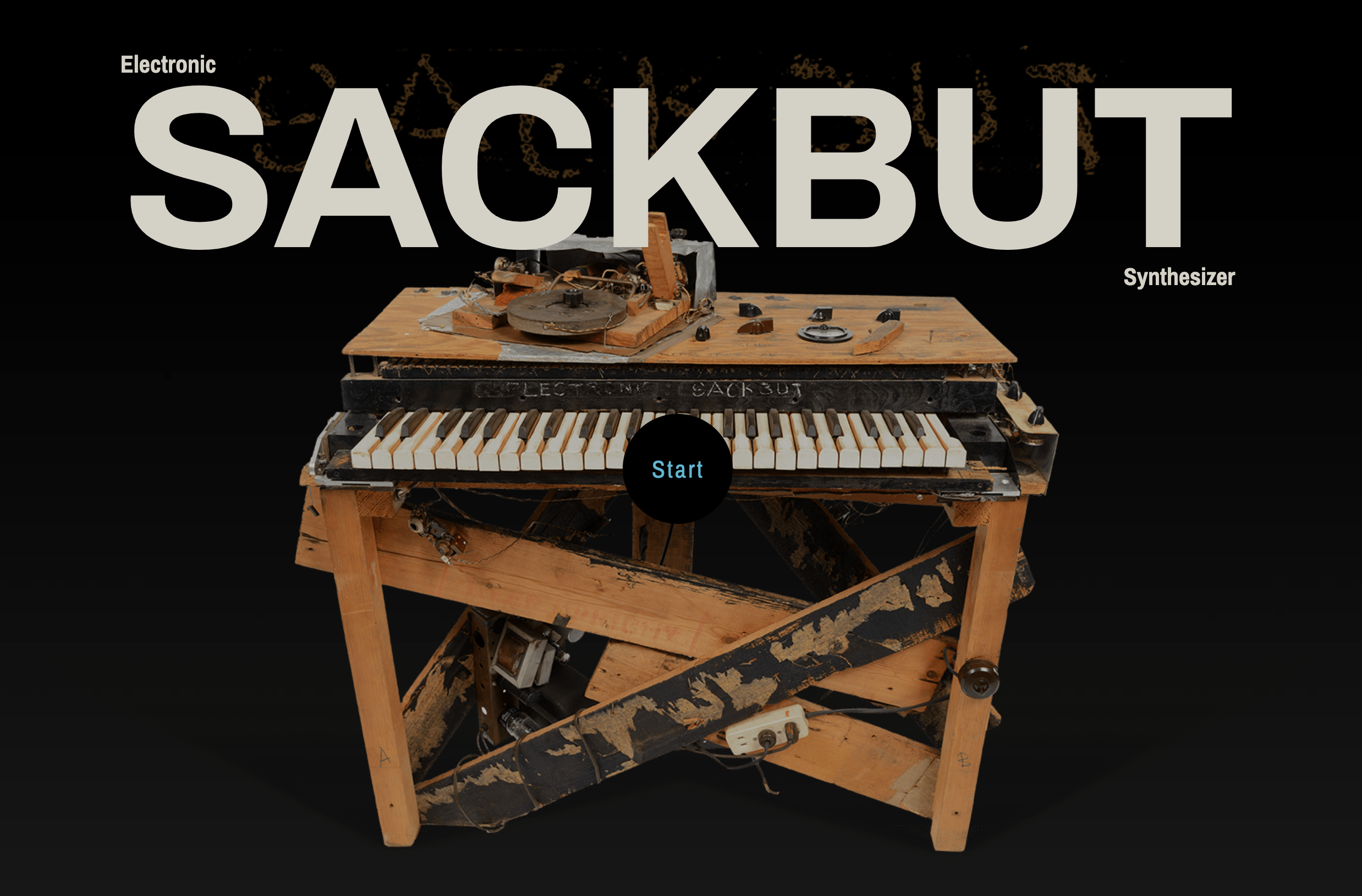 Start screen for the virtual instrument that includes a front-facing view of the of the Electronic Sackbut synthesizer including its wooden support structure, keyboard, and surface controls.