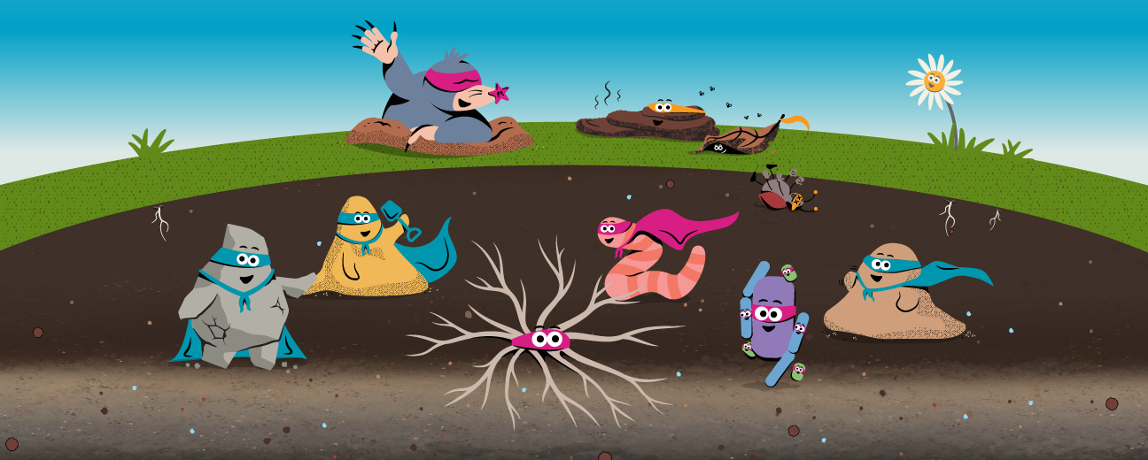 Cartoon characters of various soil-related animals and objects (silt, worm, mole, flower, etc.)