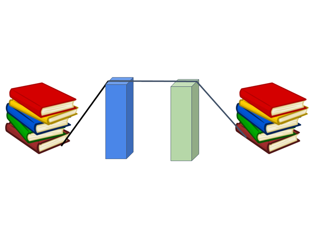 Une pile de livres colorés se trouve à chaque côté de deux livres droits, au milieu desquels se trouve une ligne noire qui va du bas d'une pile à l'autre.