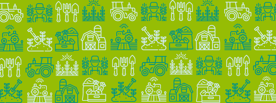 Graphical farm-themed images appear in alternating green and white, set against a green background.