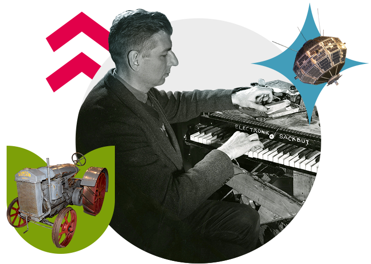 A photo collage. The central image is a black and white photo of Hugh LeCaine playing a piano-like instrument titled electronic Sackbut. To the left there is a historic tractor, and on the right is a satellite.