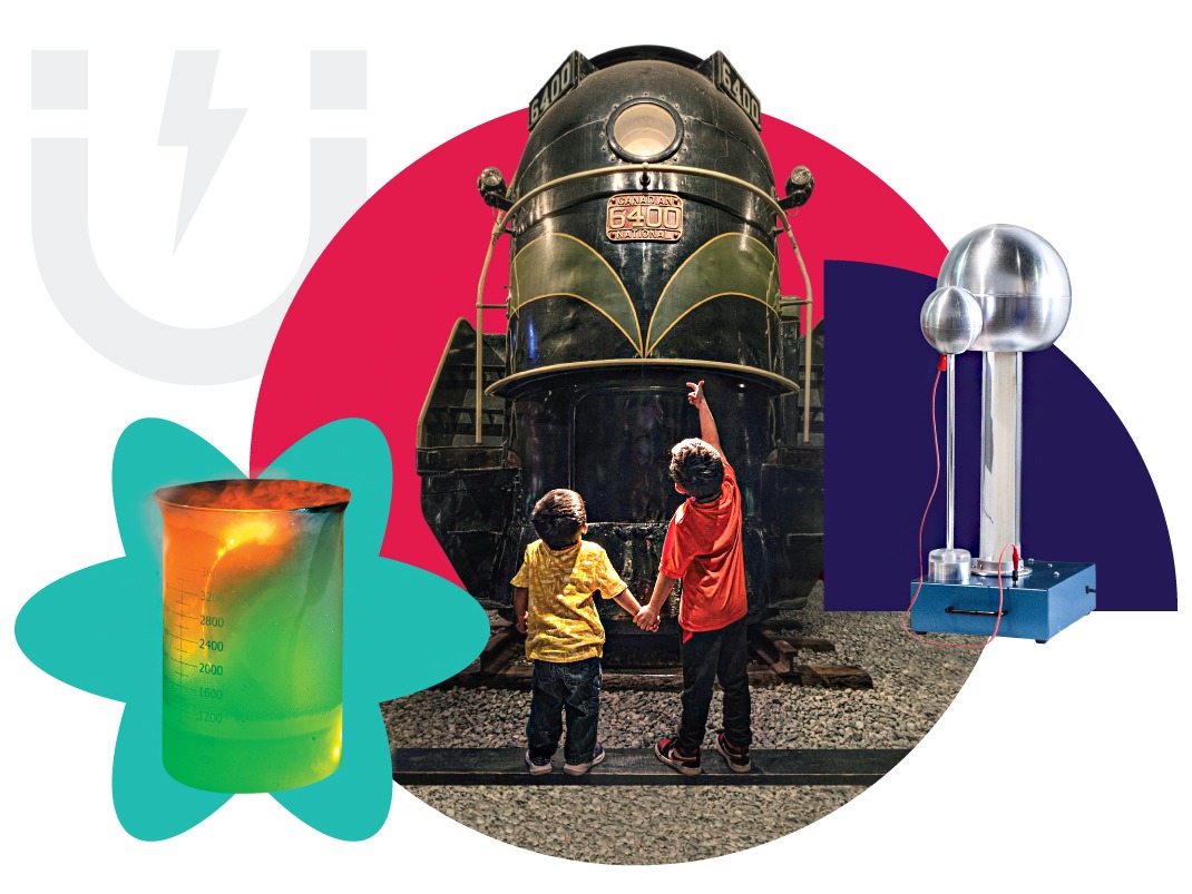 Two children look up at a large locomotive, with a glowing beaker on one side and a tall science device on the other, surrounded by colourful graphic shapes.